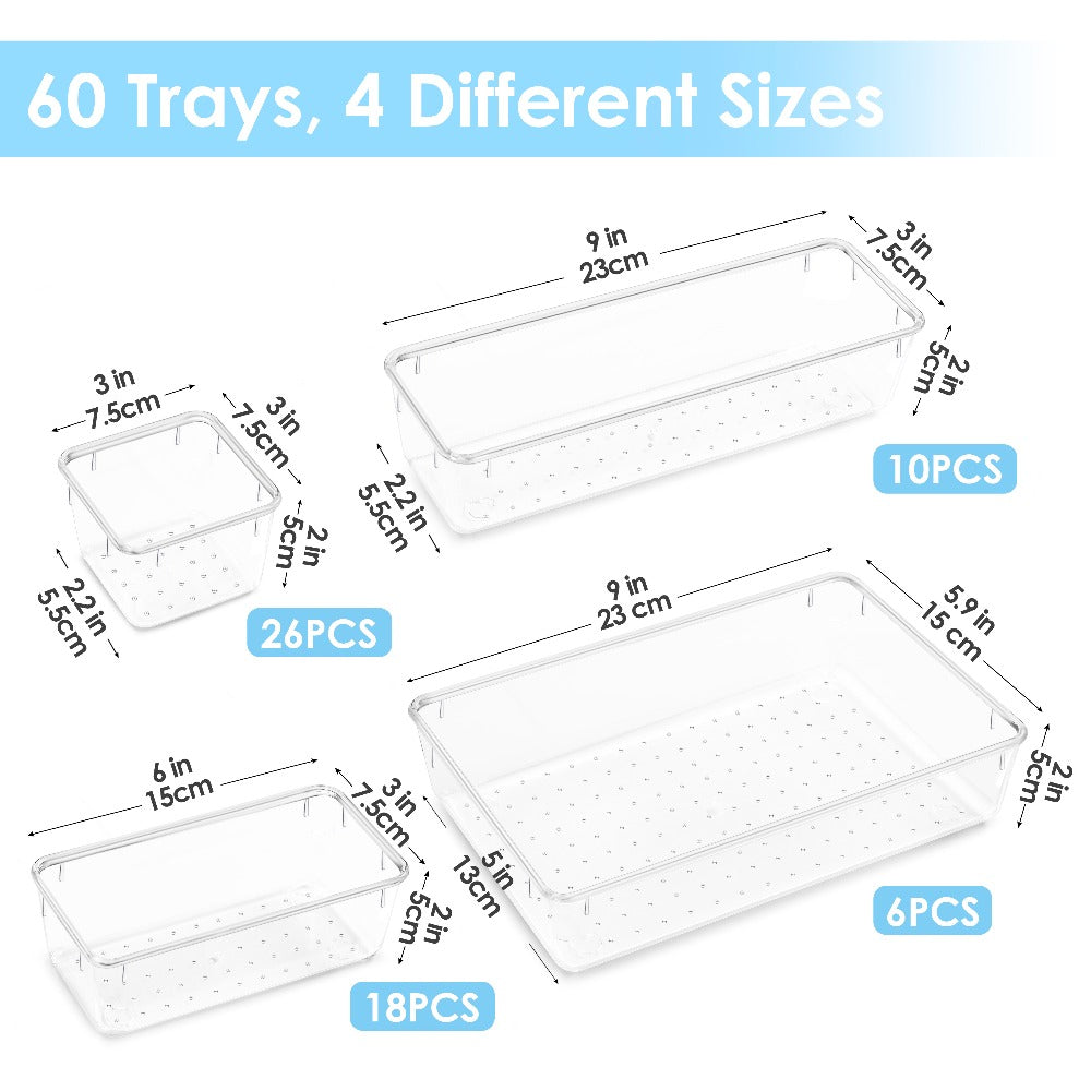 Clear Drawer Organizer Set 60pcs Plastic Storage Bins 4 Sizes for Desk Office Home Kitchen