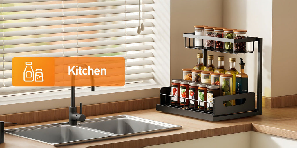 2-Tier Pull-Out Cabinet Organizer Metal Sliding Drawer, Kitchen Sink Storage Container for Bathroom Tabletop Study, Push-Pull Stackable Organizer for Kitchen Bathroom Cabinet