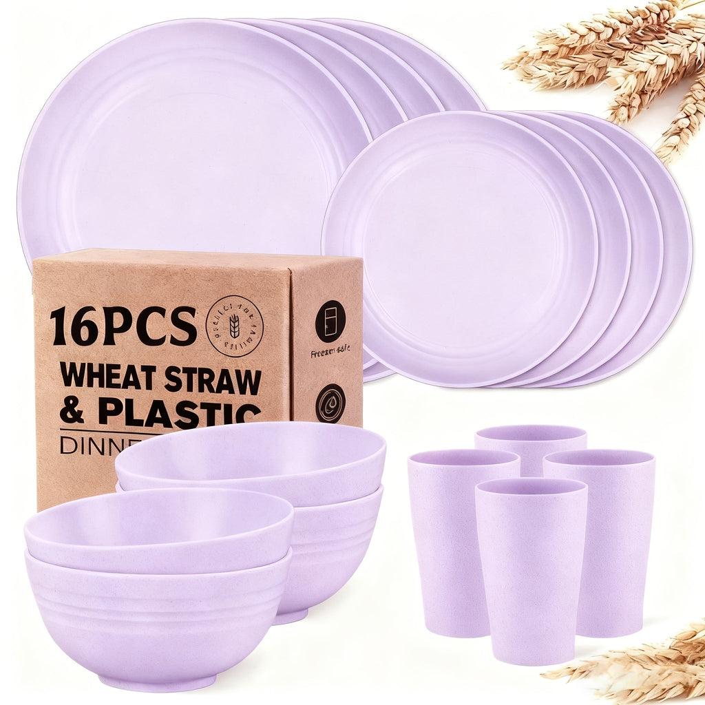 Wheat Straw Dinnerware Set 16 or 32 Piece ¨C Plates & Bowls for 4 or 8 People, Microwave & Dishwasher Safe Plastic Dish Set, Lightweight Colorful Tableware for Home, Party & Holiday