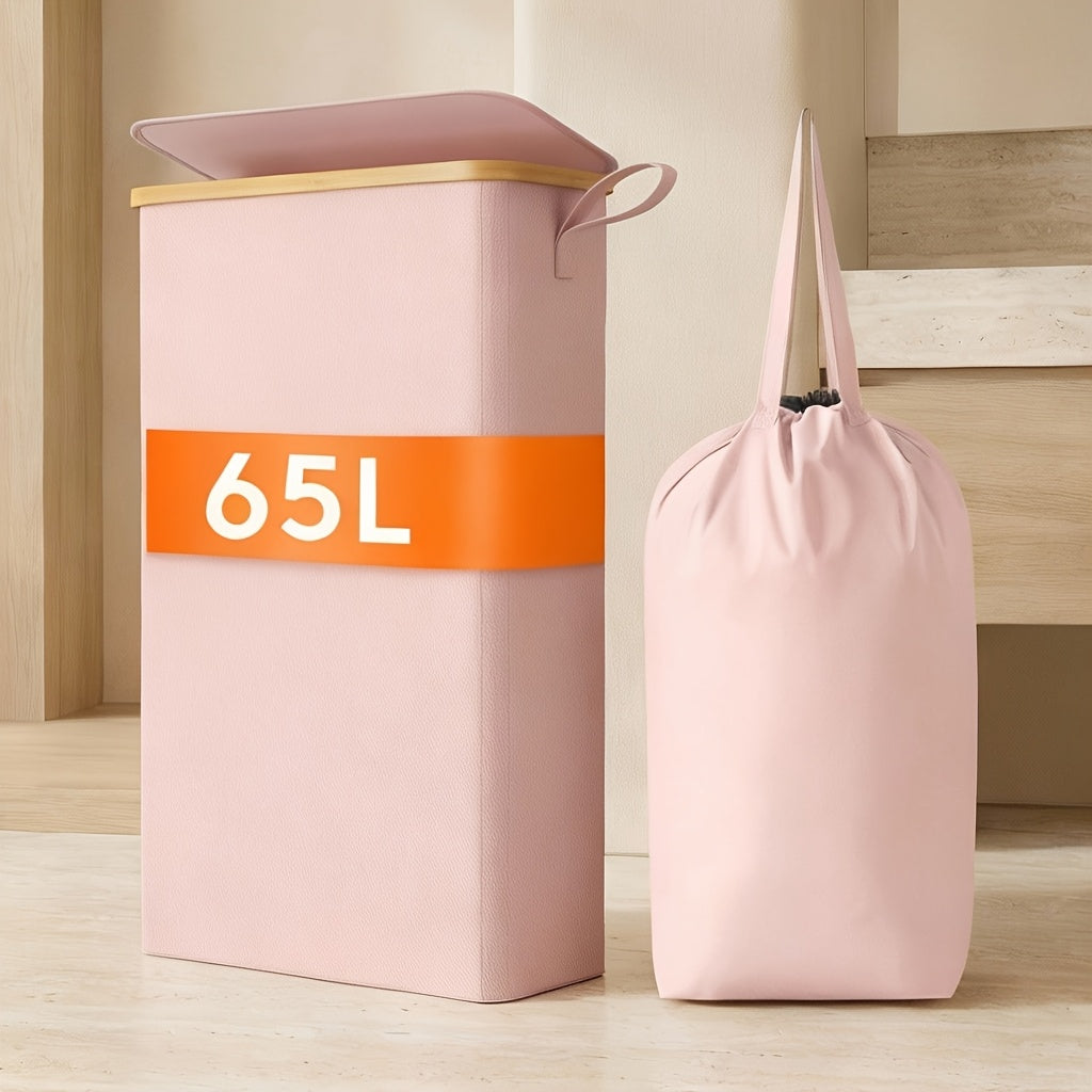 Slim Laundry Hamper with Lid & Removable Bag ¨C Foldable Narrow Clothes Basket with Bamboo Handles for Bathroom, Bedroom & Dorm ¨C 50L / 65L / 75L Space-Saving Collapsible Laundry Bin