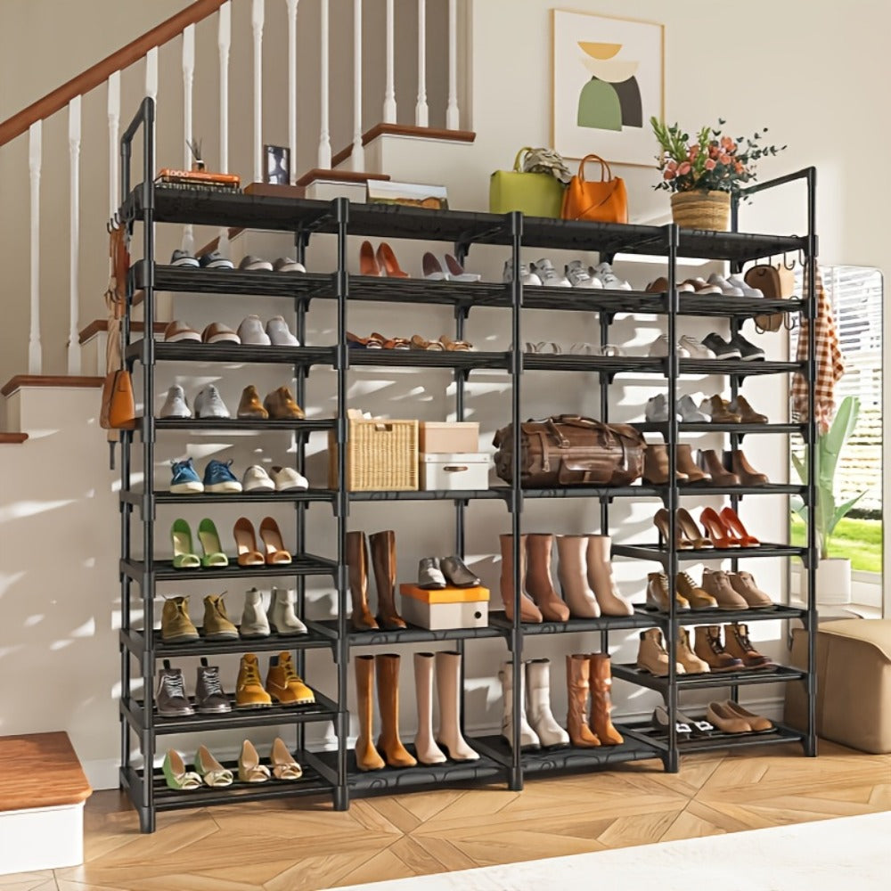 Large Metal Shoe Rack 4-Row 9-Tier Freestanding Shoe Organizer for Entryway Bedroom Hallway | 64-Pair Capacity Shoe Tower with Golden Tubes DIY Adjustable Shelves Space-Saving Vertical Shoe Storage