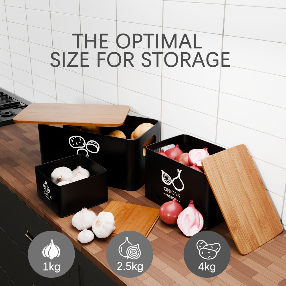 Vegetable Storage Box Set 3 Piece ¨C Potato Onion Garlic Organizer Canisters with Flip-Top Lid, Metal Pantry Kitchen Food Storage Containers