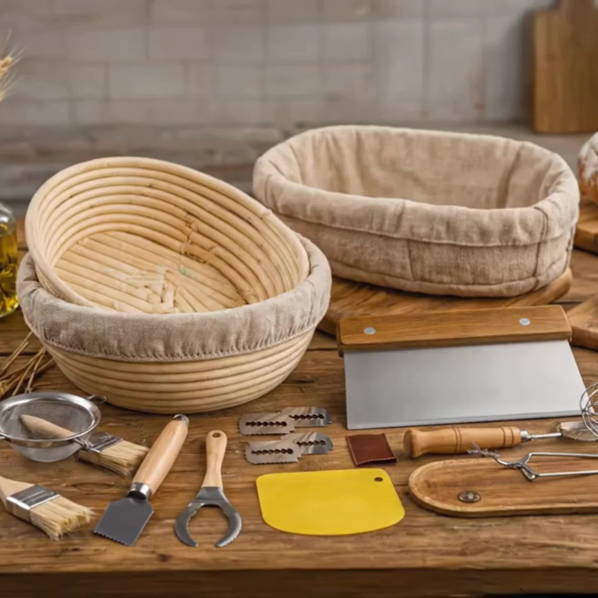 Sourdough Bread Proofing Basket Set 9 & 10 Inch - Banneton Bread Basket Kit with Danish Dough Whisk, Bread Lame, Dough Scrapers, Cooking Brush & Linen Liners