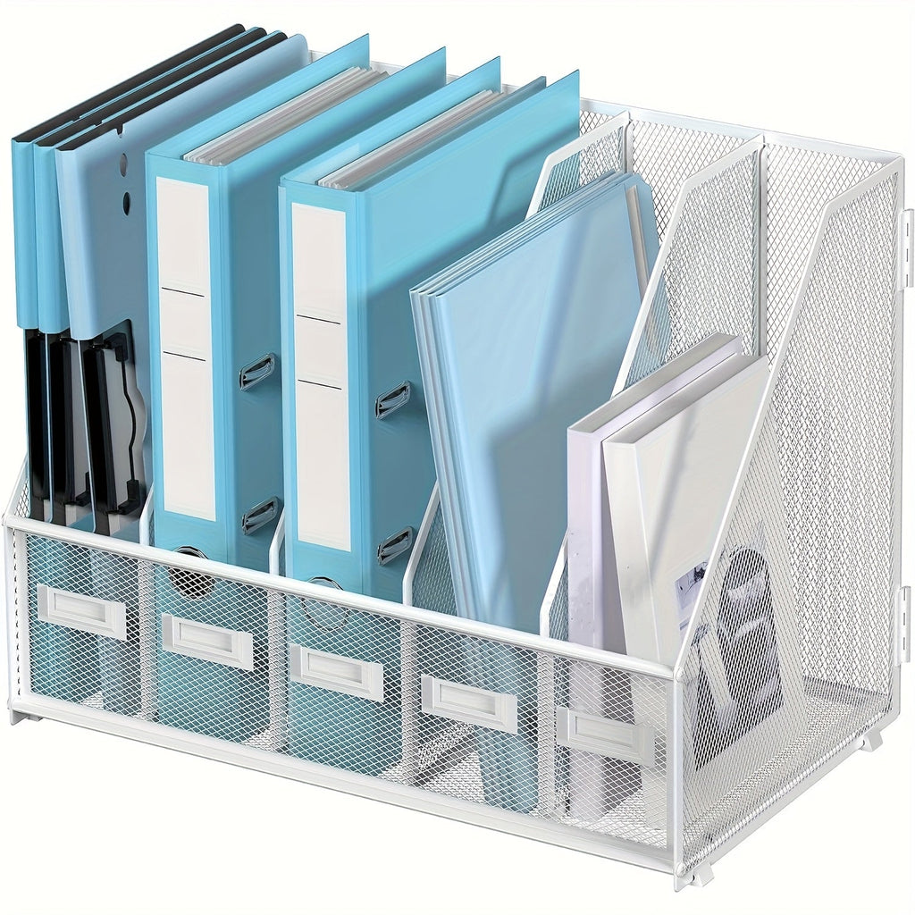 Metal Desk File Organizer 5 Vertical Compartments Magazine Holder Desktop File Rack for Office Home Workspace Document Sorter Letter Tray Paper Storage