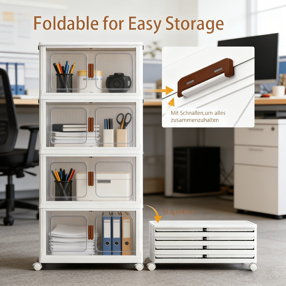 Stackable Foldable Storage Cabinet with Door ¨C PP Plastic 1/2/3/4/5 Layer Organizer Box with Wheels & Cover | Dual-Access Home Storage for Clothes, Books, Snacks & Kitchen Supplies | Office & Garage