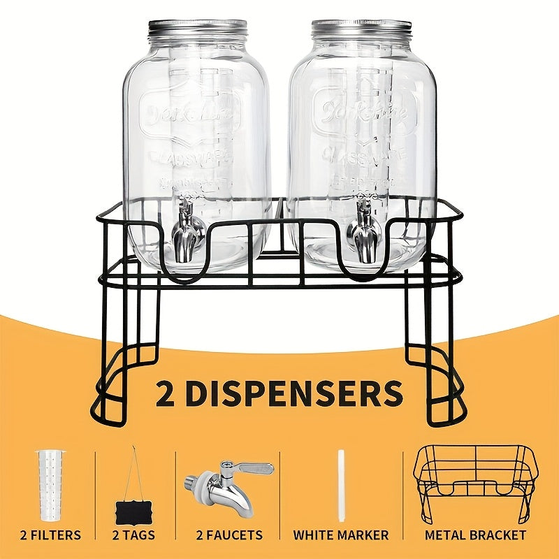 Glass Beverage Dispenser Set with Stand, 1-Gallon Square Glass Drink Dispenser with Stainless Steel Spigot & Ice Tube, Leak-Proof Lemonade Dispenser for Kitchen, Parties, Camping, 2pcs