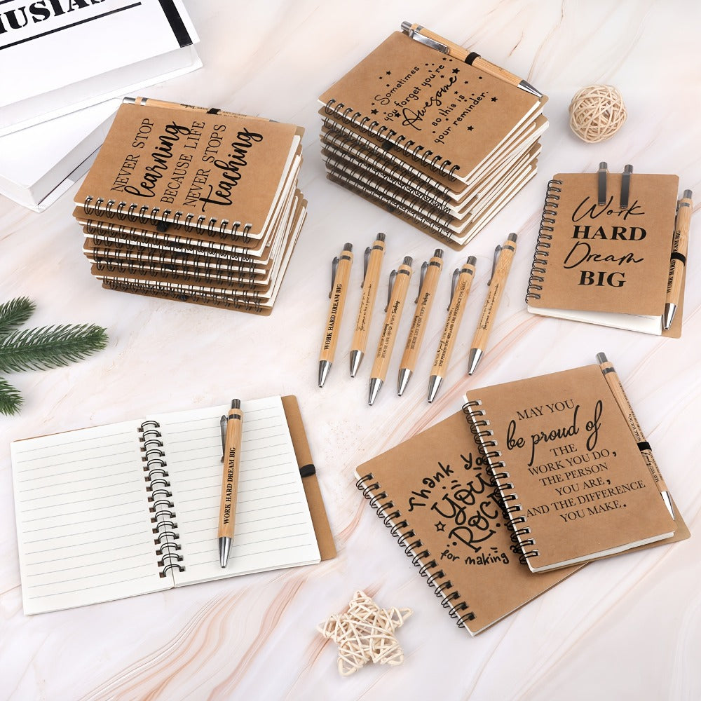 Spiral Notebooks with Retractable Bamboo Pens Bulk Gift Set ¨C 30 Pack Inspirational Journals Thank You Gifts for Teachers Employees Back to School Encouragement Notepad