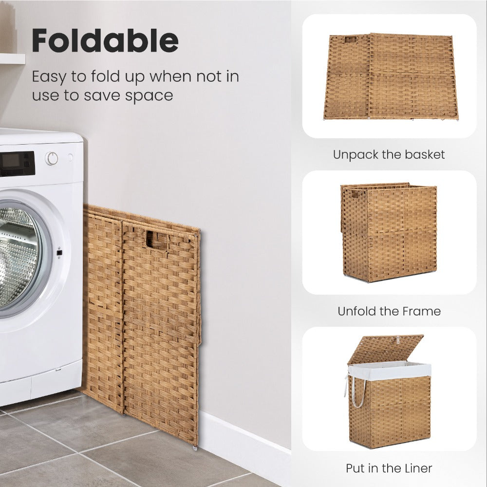 Laundry Hamper with Lid Large Capacity Woven Rattan Storage Basket, Collapsible Clothes Hamper with Handles & Removable Liner, Foldable Breathable Wicker Basket for Bedroom Home Dorm, 2 Sizes