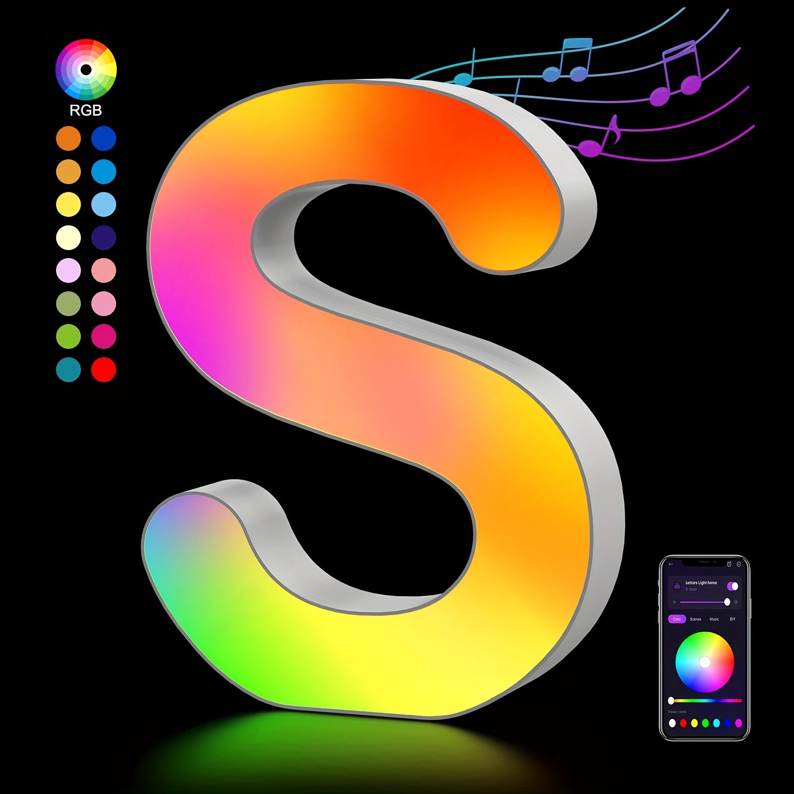 LED Letter Lights Music Sync - Colorful Flashing Marquee Alphabet Lights for Room Decor, Party, Bedroom, Festival & Camping, Numbers 0-9 & A-Z & Symbols Available, Night Light Wall Decoration