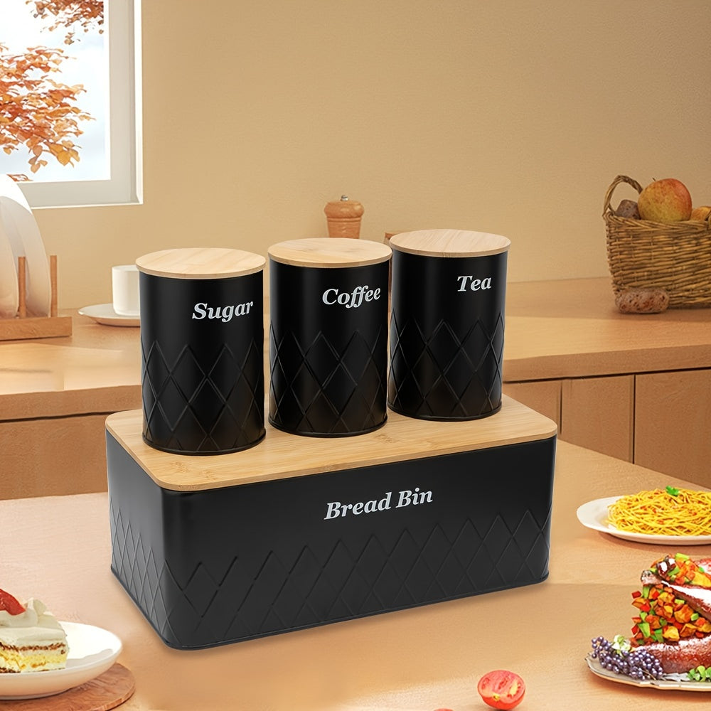 Bread Bin with 3-Piece Canister Set for Tea Sugar Coffee - Flip-Top Lid Kitchen Storage Containers Countertop Organizer Set