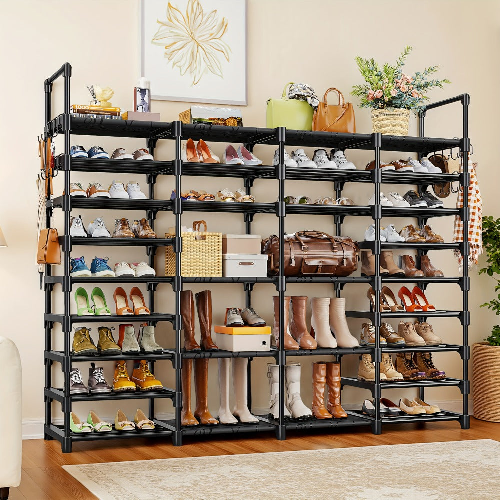 Large Metal Shoe Rack 4-Row 9-Tier Freestanding Shoe Organizer for Entryway Bedroom Hallway | 64-Pair Capacity Shoe Tower with Golden Tubes DIY Adjustable Shelves Space-Saving Vertical Shoe Storage