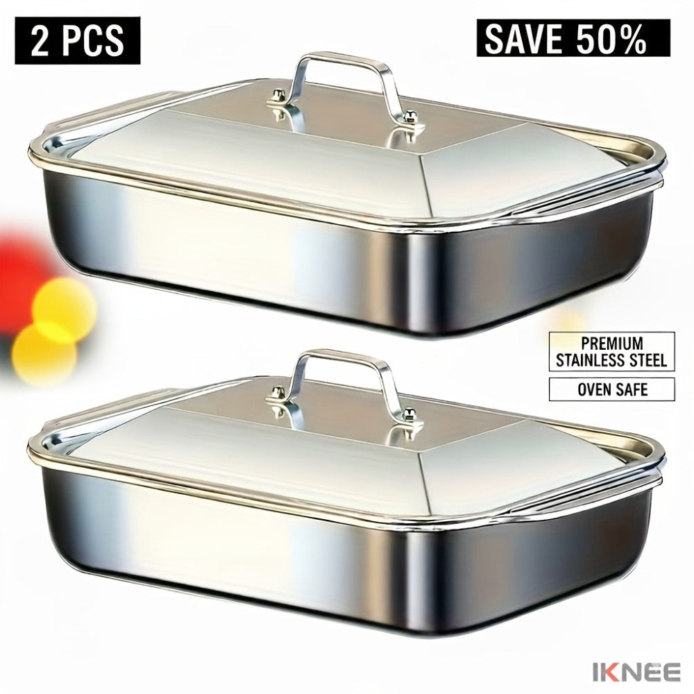 Stainless Steel Baking Pan Set 4-Piece ¨C 2 Deep Roasting Pans & 2 Lidded Pans with Handles, 6-Liter Large Capacity 16.14¡± Rectangular Baking Pans for Lasagna, Fish, Chicken & Roasting ¨C Dishwasher Safe