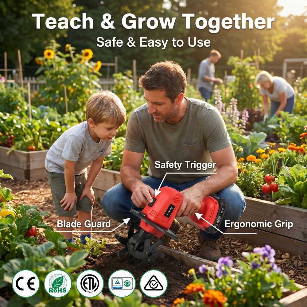 Cordless Electric Cultivator 20V Lightweight Handheld Rotary Tiller ¨C 9-Inch Width 6.6-Inch Depth, 1 or 2 Batteries & Charger, Garden Soil Tiller for Courtyard Farmland Vegetable Garden Raised Bed