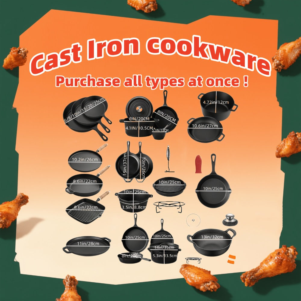 Cast Iron Cookware Set for Kitchen Camping BBQ - Non-Stick Skillet Dutch Pot Frying Pan Baking Tray Griddle Options, Oven Safe Stovetop Campfire Cookware for Home RV Holiday Cooking Multiple Set Choices
