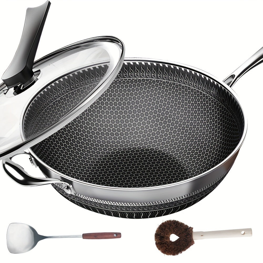 Stainless Steel Wok 13.3 Inch Honeycomb Non-Stick with Lid Spatula & Pot Brush ¨C All Cooktop Compatible Stir Fry Pan | Induction Gas Electric Ceramic | Complete Kitchen Wok Set Cooking Accessories