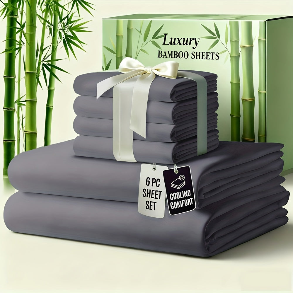 Bamboo Bed Sheet Set 6-Piece Cooling Soft Bedding with Deep Pocket Fitted Sheet - Viscose Derived from Bamboo Sheets Twin Full Queen King Size Breathable Wrinkle-Resistant Luxury Bedding Set