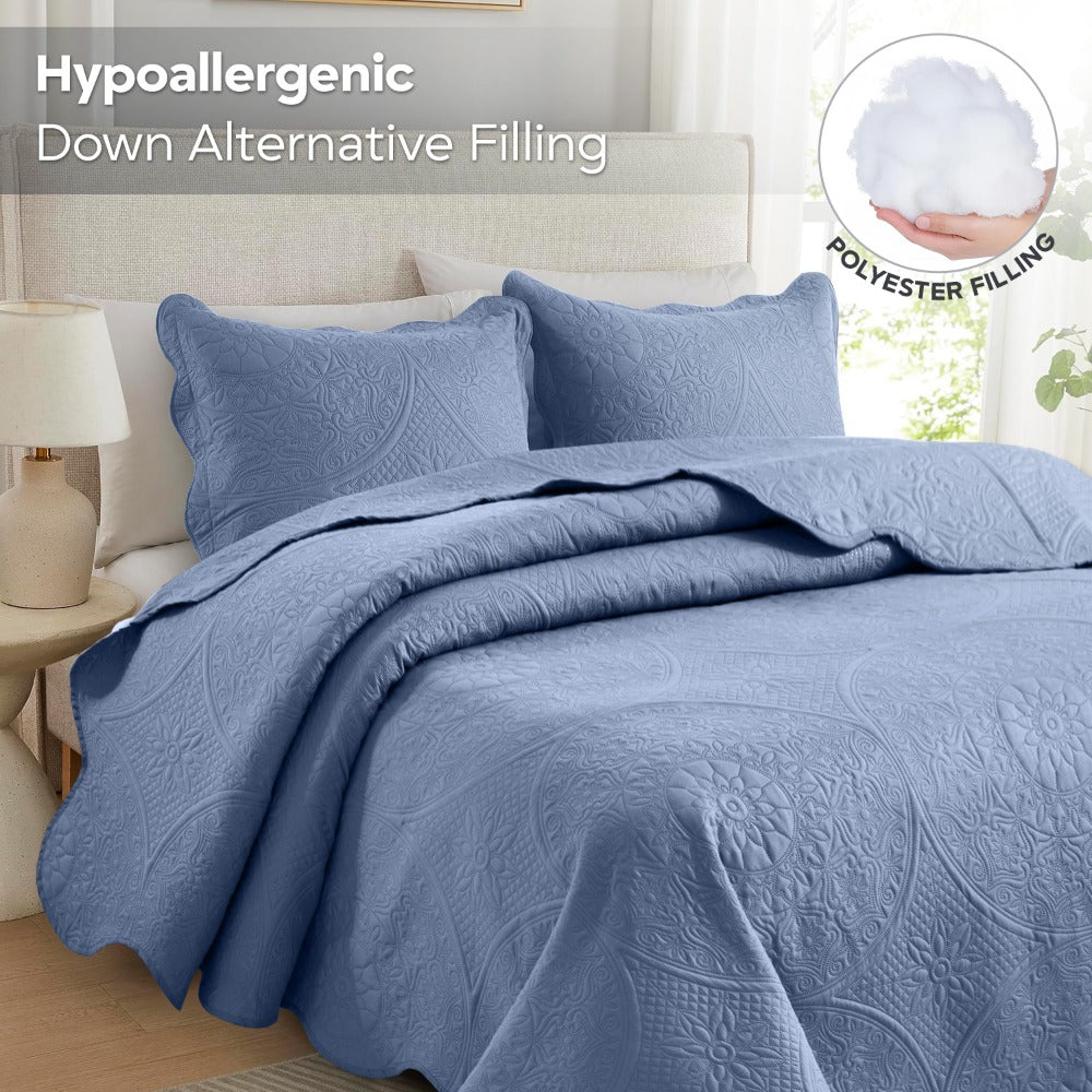 Quilted Bedspread Set 3 Piece ¨C Soft Floral Coverlet with Pillow Shams, Lightweight Breathable Quilt for Bedroom & Guest Room, All Season Bed Cover