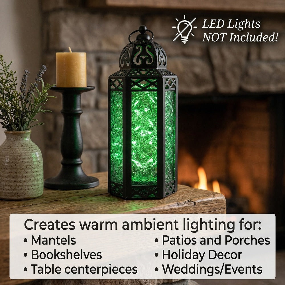 Moroccan Candle Lantern Holder - Decorative Metal & Glass Lantern with Embossed Floral Design for Indoor Home Decor, Garden, Patio, Weddings, Ramadan, Halloween & Holiday Celebrations - 10.5¡± Tall Medium Size