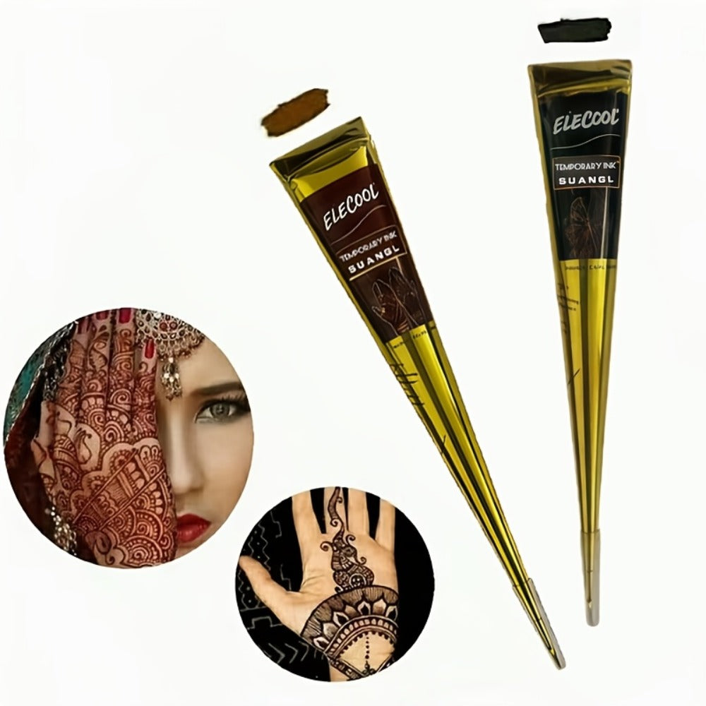 Temporary Semi-Permanent Tattoo Paste Kit - Waterproof Body Art Gel in Brown & Black with Tattoo Templates, Safe Non-Irritating Henna-Style Ink for Parties, Festivals, Cosplay & Daily Decoration