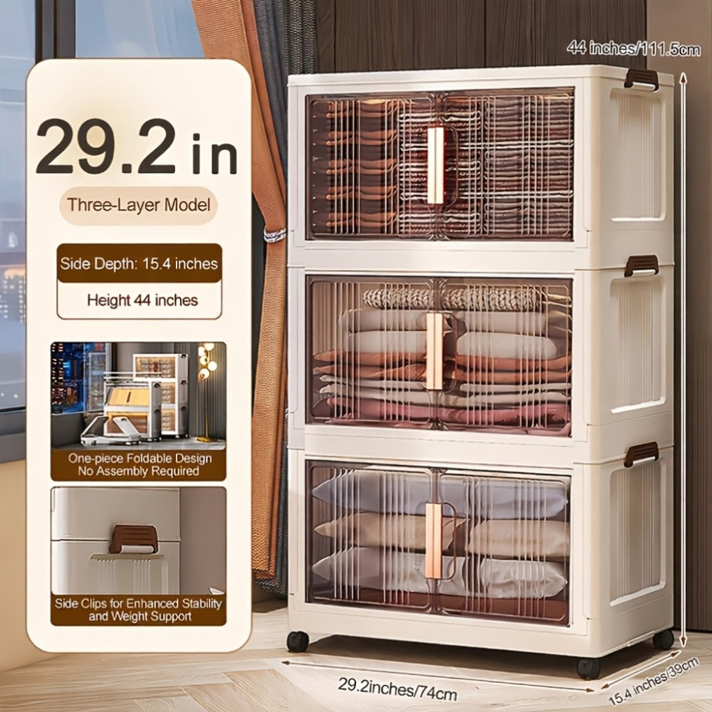 Folding Storage Cabinet with Wheels, 3/4/5-Tier Stackable Plastic Storage Bins with Lids & Magnetic Doors, Foldable Large Organizer with 360¡ã Lockable Wheels for Home Office Kitchen Bathroom Garage