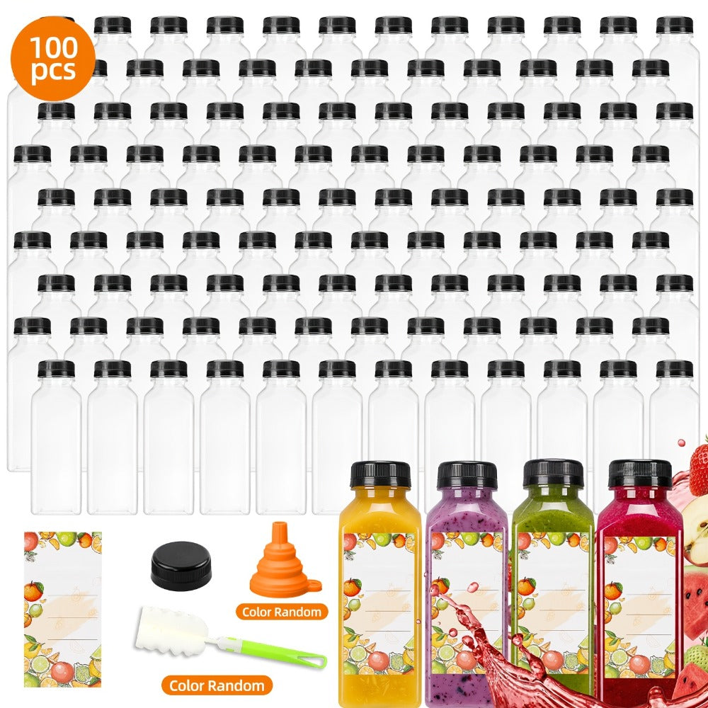 Plastic Juice Bottles with Lids - Clear Reusable Drink Containers for Juice Smoothies Water and Beverages, Available in 12oz and 16oz in Sets of 20, 36, 56 or 100, Includes Funnel and Cleaning Brush