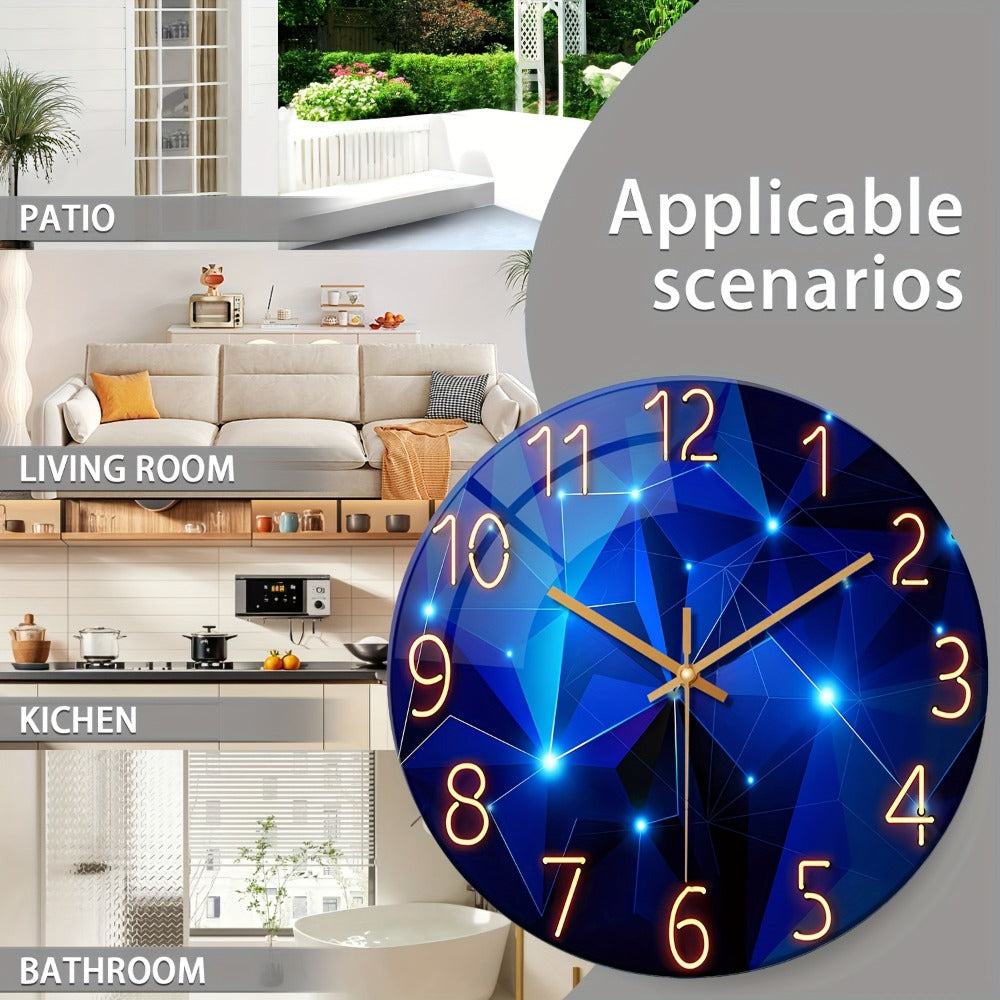 Modern Blue Glass Wall Clock Silent Non-Ticking Quartz Movement Battery Operated Tempered Glass Large Wall Clock for Living Room Bedroom Office Home Decor Gift