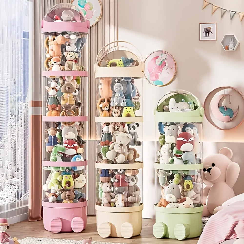 Stackable Round Stuffed Animal Storage Box with Lid ¨C 3-Tier Plastic Plush Toy Organizer with Layered Storage for Dolls Toys & Miscellaneous Items ¨C Kids Room Decor