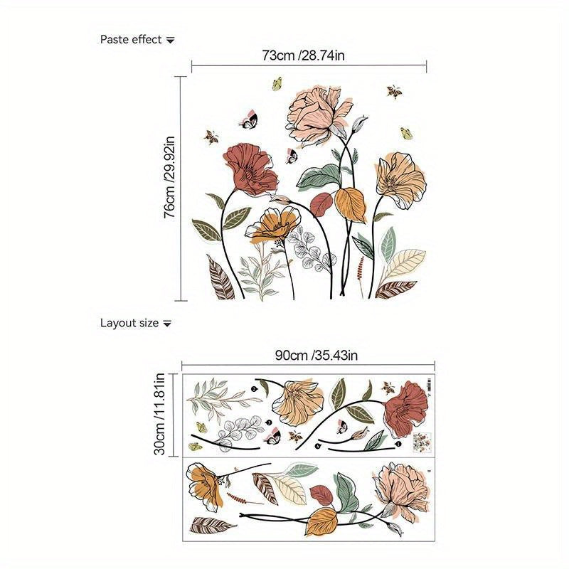 Bohemian Flower Wall Stickers Self-Adhesive Peel and Stick - Wildflowers & Fruits Wall Art Decals for Living Room Bedroom TV Background - Removable Matte Boho Floral Wall Decoration Sticker