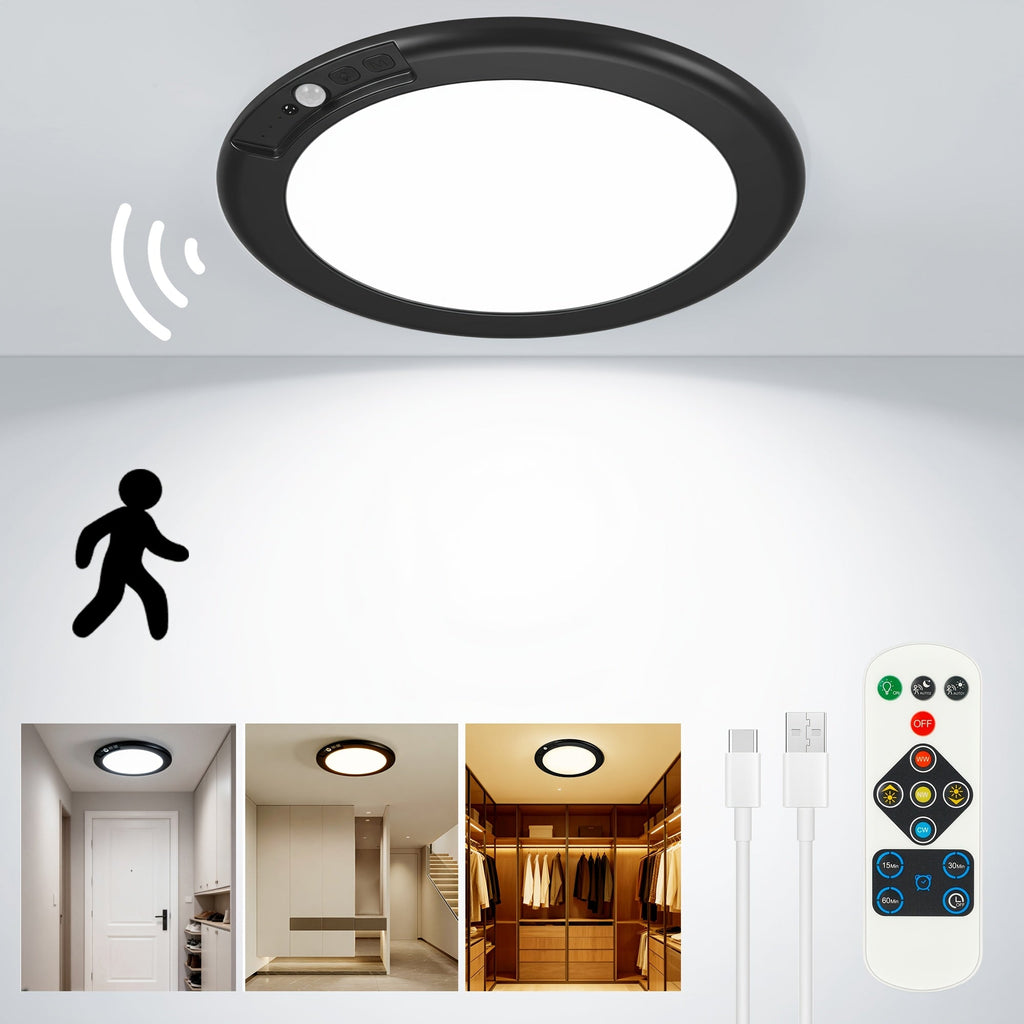 Rechargeable LED Ceiling Light with Motion Sensor ¨C Remote Control Dimmable, 3 Color Temps 3000K/4500K/6500K, 10 Brightness Levels, Battery Operated Closet Light for Bathroom Hallway Pantry Porch