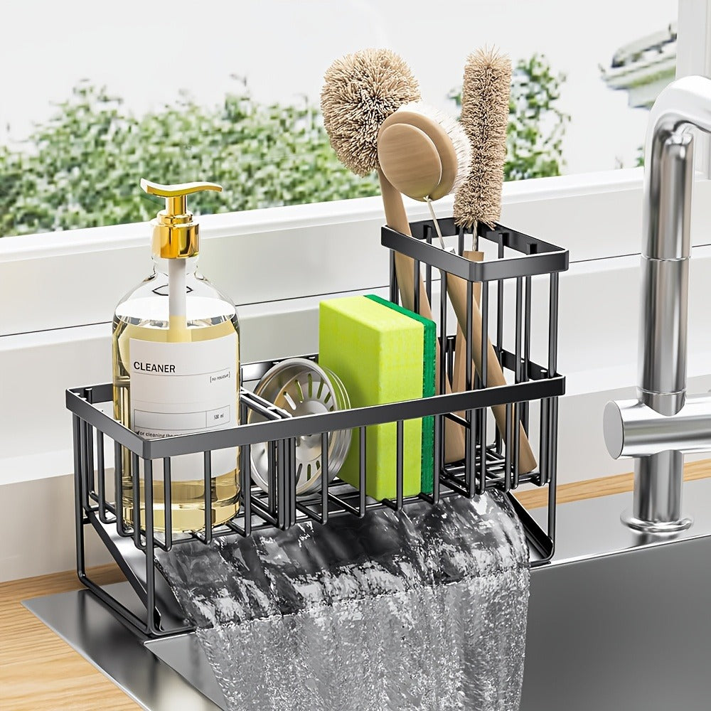 Kitchen Sink Sponge Holder 304 Stainless Steel Drain Design Dishcloth Rack Tall Brush Holder Countertop Soap Dispenser Organizer Storage Accessories Black