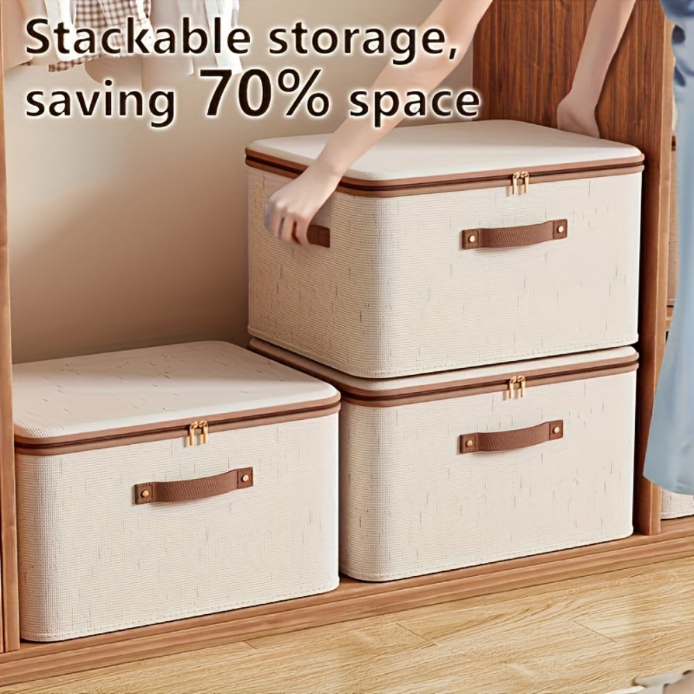 Foldable Storage Boxes with Lids 2-Pack, Large Capacity Linen Storage Baskets with Double Zippers & Leather Handles, Collapsible Fabric Organizer Bins for Bedroom, Clothing, Laundry & Moving