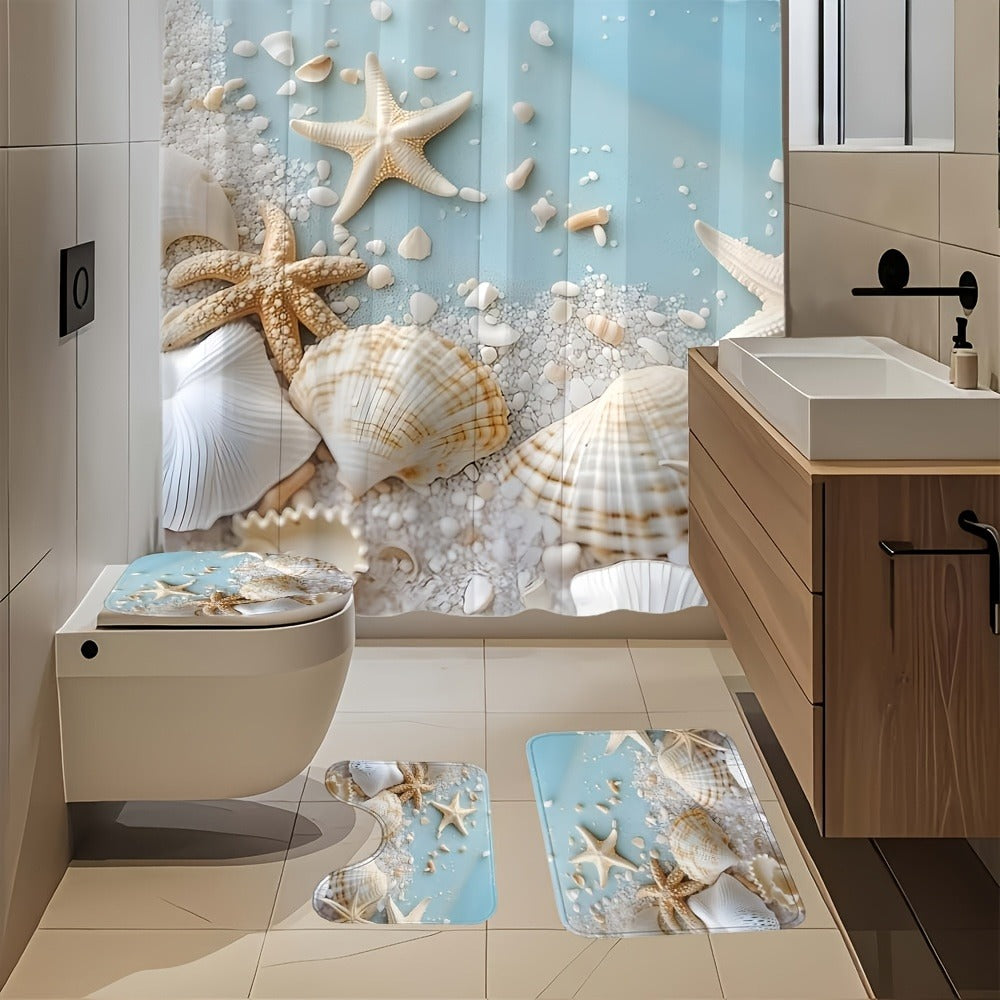 Shower Curtain Set Sea Star Shell Design Polyester with 12 Hooks Non-Slip Bath Mat U-Shaped Toilet Pad Lid Cover Bathroom Decor Set