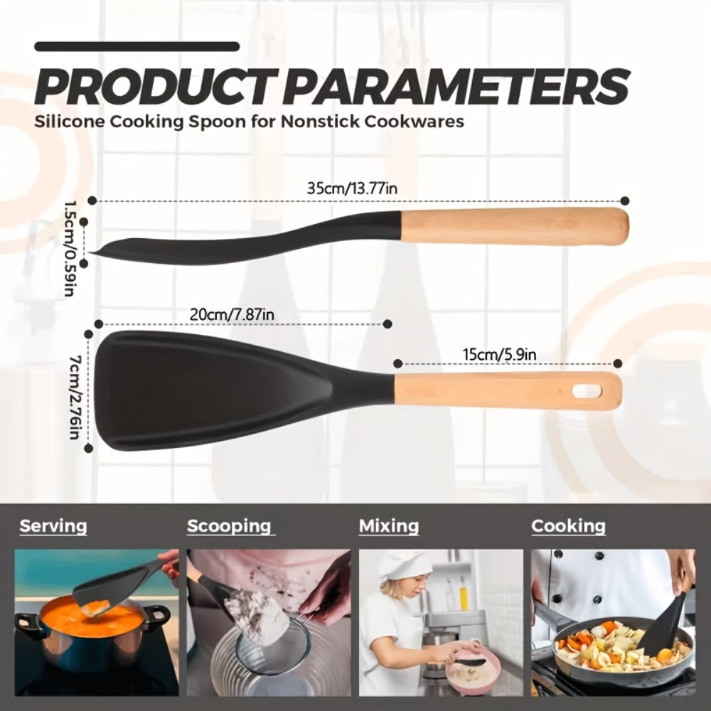 Silicone Cooking Spoon with Wooden Handle 12 Inch - Heat Resistant Nonstick Safe Kitchen Spoon for Cooking Serving Mixing Scraping, BPA Free Silicone Utensil, Black, 2 or 4 Pack