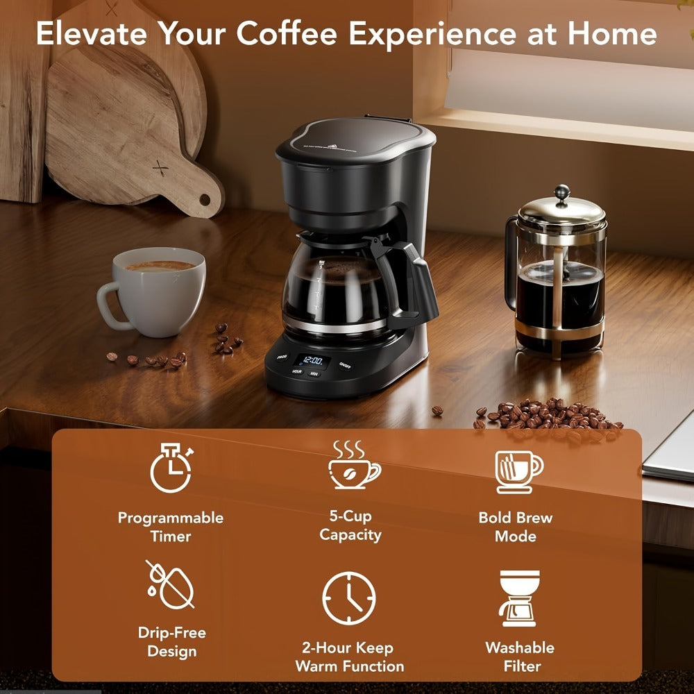 Drip Coffee Maker 5 Cup 24H Delay Brew 2H Keep Warm Pause and Serve Reusable Filter Glass Pot LED Display Auto Shut-Off Portable Coffee Machine for Office Travel