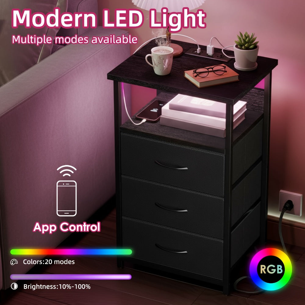 Nightstand with Charging Station & USB Port | 3-Drawer Bedside Table with LED Light, Heavy Duty End Table for Bedroom, Dorm & Small Spaces