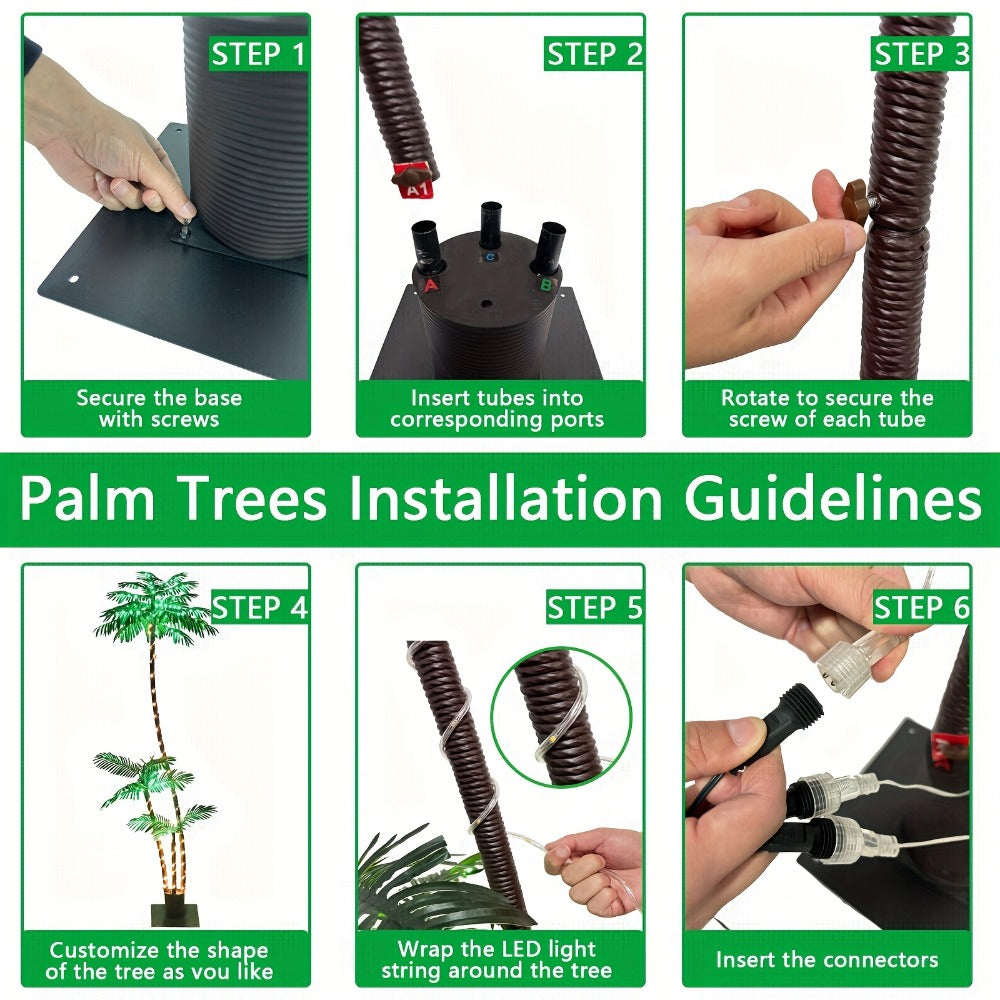 Solar Powered Artificial Palm Tree 7ft Triple Trunk 260 LED Lights 8 Modes Dimmable Timer 2200mAh Battery Metal Base Outdoor Indoor Decor Tiki Bar Patio Beach Garden Christmas Halloween Party