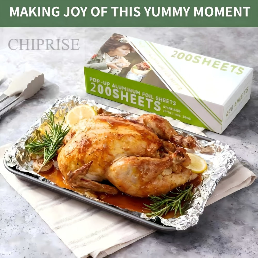 Pre-Cut Aluminum Foil Sheets 200-Count 9x10.75 Inch Pop-Up Dispenser Box Heavy Duty Foil for Baking Grilling Roasting Cooking Food Storage Restaurant