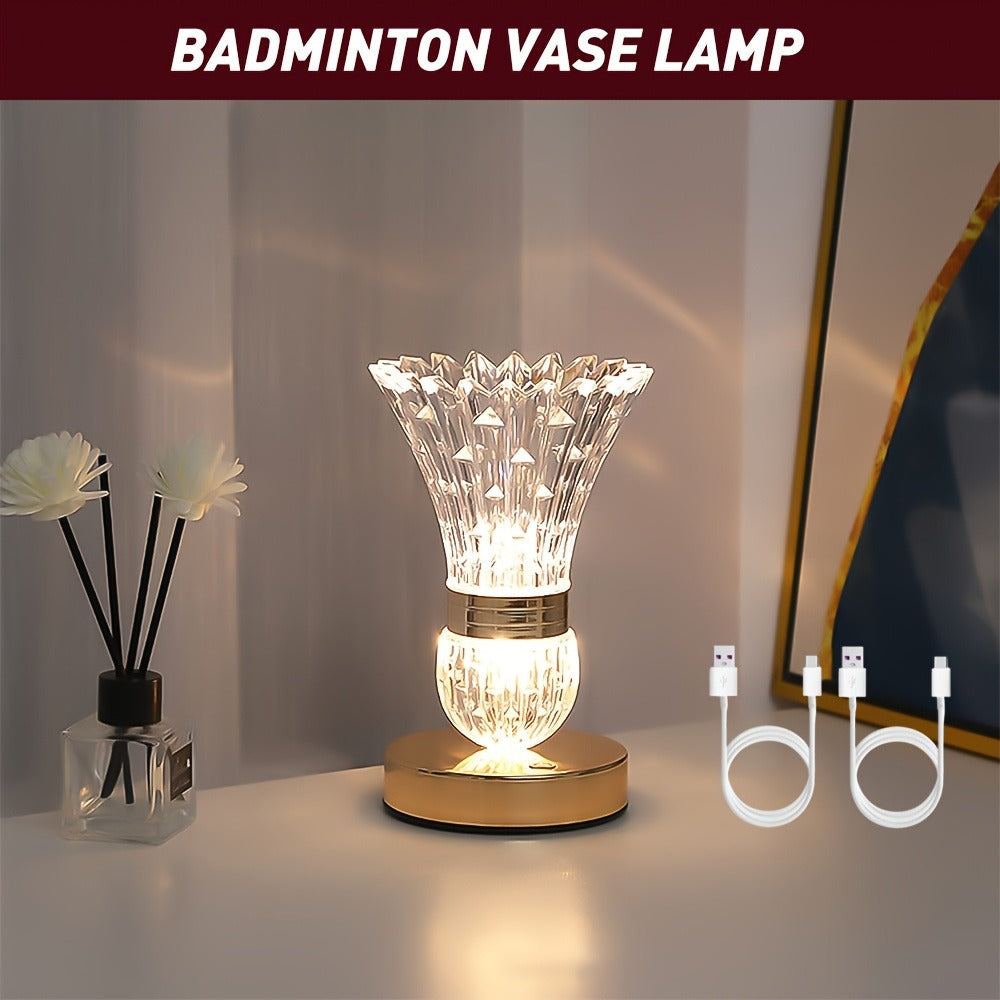 Crystal Vase Table Lamp Touch Control USB Rechargeable Adjustable Brightness Bedside Night Light