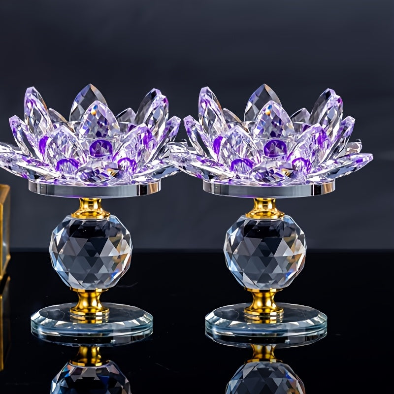 Crystal Lotus Candle Holder 2pcs, Polished Decorative Lotus Candleholder for Tea Light & Pillar Candles, Elegant Home Decor Centerpiece for Christmas, Thanksgiving, Halloween, Easter & Hanukkah ¨C Green, Purple, Blue, Pink