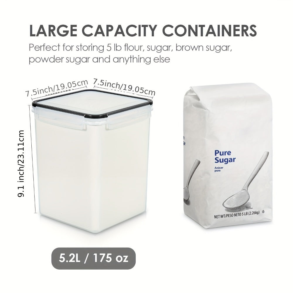Large Airtight Pantry Canisters 4 Pack - BPA-Free Plastic Food Storage Containers with Lids for Flour Sugar Rice Cereal and Baking Supplies, 176oz 5.2L Clear Stackable Kitchen Canister Set with Measuring Cups and Chalkboard Labels