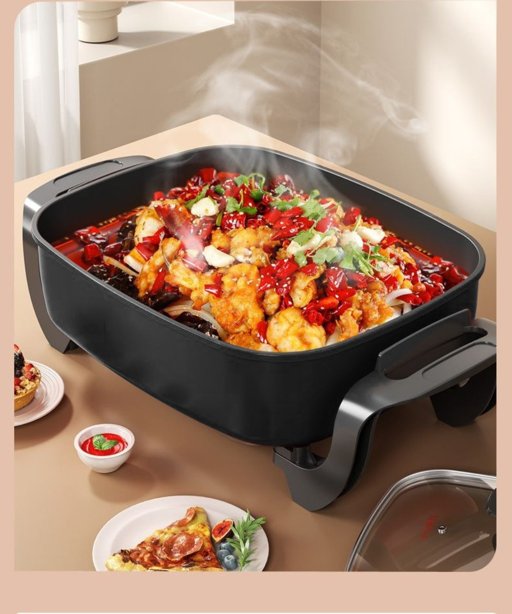 Electric Ceramic Non-Stick Pot 12x12 Inch 1500W Square Skillet with Glass Lid Adjustable Temperature Frying Baking Steaming Boiling Easy Clean Home Kitchen Cookware