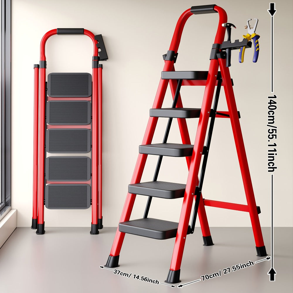 Folding Step Ladder 3 5 Step 500 lb Heavy Duty Steel Anti-Slip Wide Treads Handrail Safety Lock Portable Multi-Function Step Stool for Home Kitchen Garage Outdoor Black Red