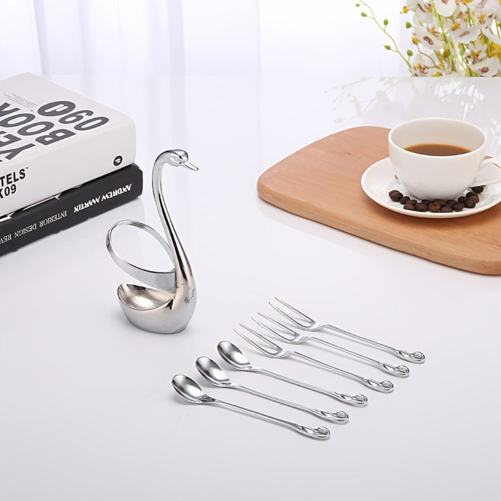 Swan Cutlery Rack Set 7pcs Stainless Steel Decorative Silverware Holder with 3 Forks & 3 Spoons - Elegant Swan Shaped Flatware Stand for Table Decor, Holiday Dining, Christmas Halloween Thanksgiving Gift