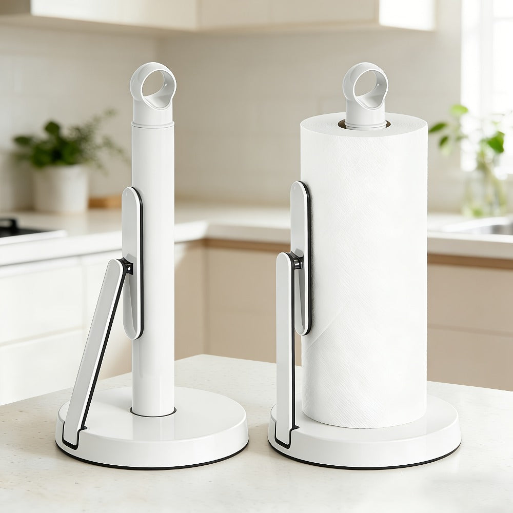 Paper Towel Holder Countertop - Stainless Steel Standing Dispenser with Tension Arm for One-Handed Tear, Modern Kitchen Roll Holder in Silver White Gold Black