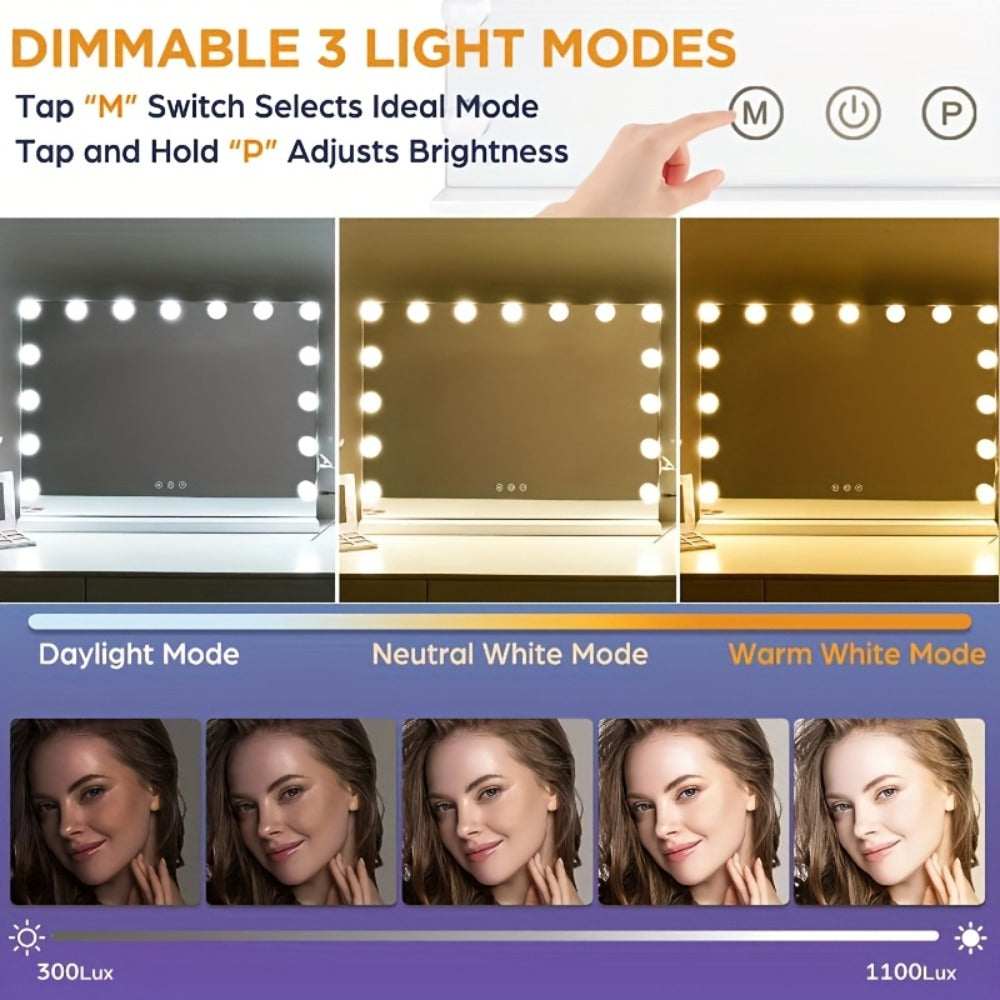 Hollywood Vanity Mirror with Lights ¨C 15 LED Bulbs, 3 Color Modes, Dimmable Brightness, 23x18 Inch, USB & Type-C Charging, Touch Control, Desk & Wall Mount, Metal Frame Makeup Mirror
