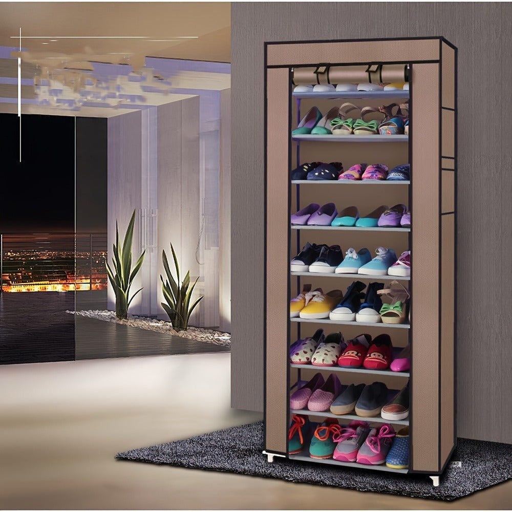 Shoe Rack with Dustproof Cover 10 Layers 9 Cubbies ¨C Large Capacity Non-Woven Shoe Organizer for Entryway, Closet & Bedroom ¨C Space-Saving Steel Frame Shoe Shelf, Easy Assembly