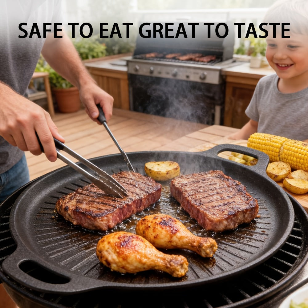 BBQ Griddle Pan Non-Stick with Oil Drain Groove & Double Handles ¨C Multi-Function Grill Frying Pan with Oil Brush for Outdoor BBQ Family Gatherings Indoor Stovetop Cooking | Easy Clean Cookware