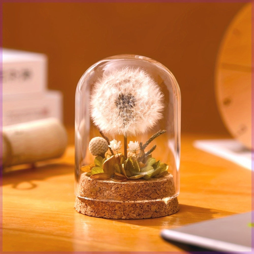 Glass Dome Preserved Dandelion Flower Arrangement - Eternal Floral Keepsake Display Case for Home Office Desk Decor, No Electricity Needed