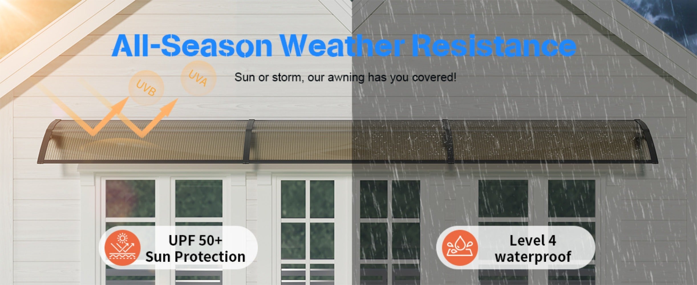 Window Awning Door Canopy Polycarbonate Overhang ¨C UPF 50+ UV & Rain Protection, Leak-Proof Hollow Sheet, Weather-Resistant Outdoor Patio Awning for Doorways, Windows, Storefronts ¨C Multiple Sizes & Colors