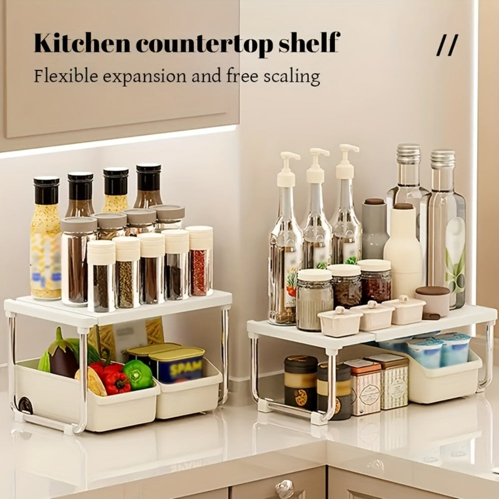 Desktop Storage Organizer Multi-Tier Expandable with Transparent Lid PP Stainless Steel Space-Saving Countertop Box for Kitchen Bathroom Cosmetics